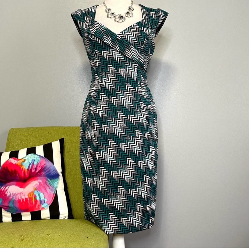 White House Black Market WHBM Teal Black Herringbone Sheath Dress 6